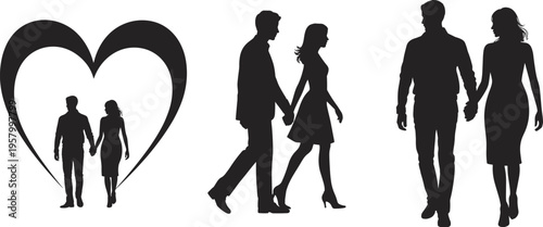 Silhouette of Romantic Couples Holding Hands and Walking Together with Heart Symbol for Valentine Day Wedding and Relationship Concept Vector