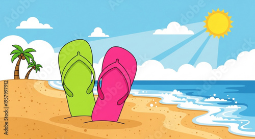 Colorful flip flops on sandy beach with palm tree and sunny sky