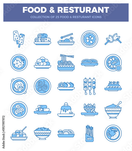 flat food and restaurant icons in blue and white with clean lines.  Illustrated dishes. sweets. and food preparation items on a white background with a blue header.
