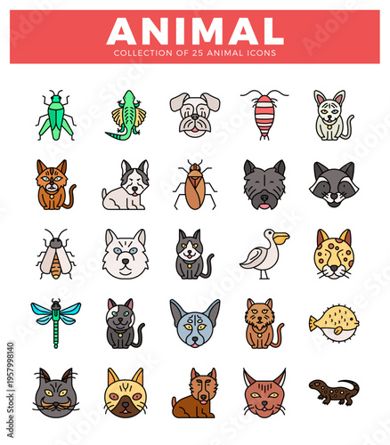 25 animal icons collection on white background. diverse pet and wildlife illustrations in a grid layout. Simplified animal graphics for apps and websites. presented cleanly.