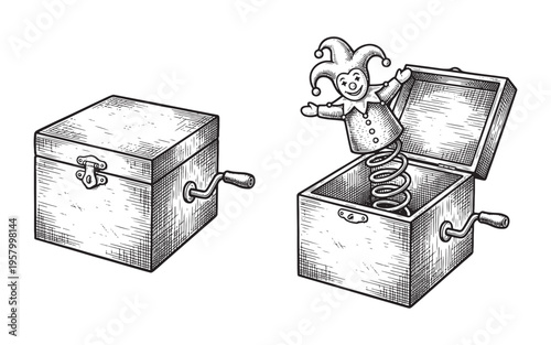 Jack-in-the-box toys with jester and clown puppets