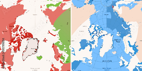 Arctic region maps displaying temperature anomalies in red and blue hues