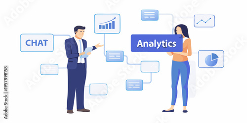 Business professionals discussing data analytics and communication strategies