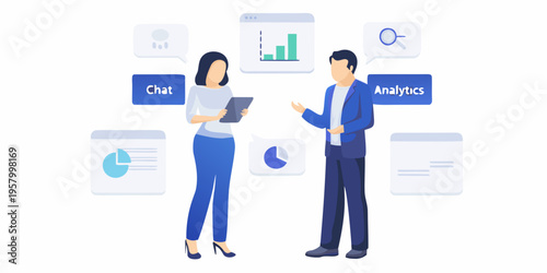 Business professionals discussing data analytics and communication strategies