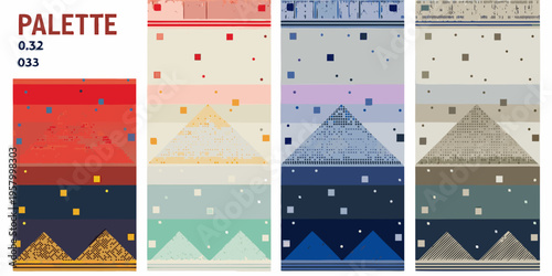 Abstract geometric color palette with triangles squares and varying hues