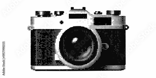 A striking black and white illustration of a vintage rangefinder camera