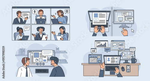 Diverse Remote Work and Office Collaboration Scenarios Illustrated.