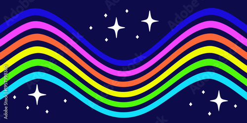 Colorful wavy lines and sparkling stars against a dark blue background