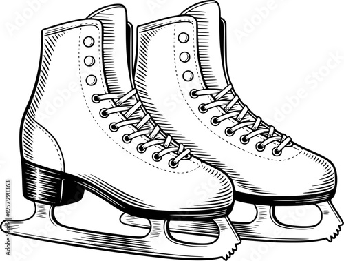 Vintage Black and White of Ice Skates with Laces a White Background skating winter