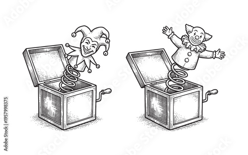 Jack-in-the-box toys with jester and clown puppets