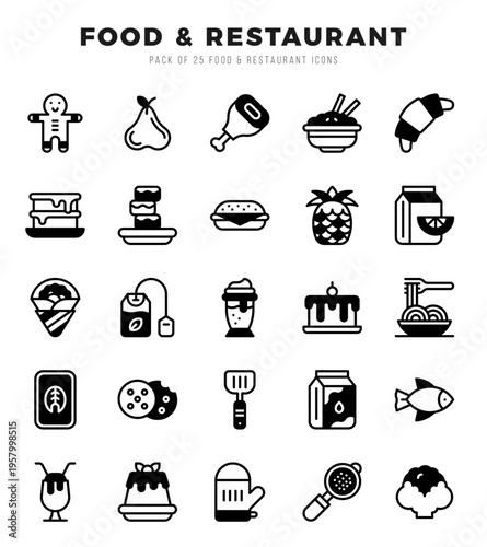 Food and Restaurant Icons Pack Lineal Filled Style. Vector illustration.