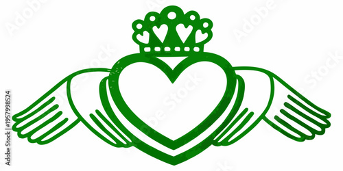 Green claddagh symbol featuring a heart hands and a crown