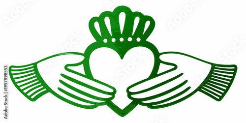 A green claddagh symbol featuring hands cradling a heart