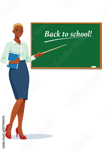 075-30-African american teacher standing in front of a blackboard pointing at back to school!