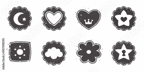 Collection of hand drawn black and white icons featuring hearts stars and flowers