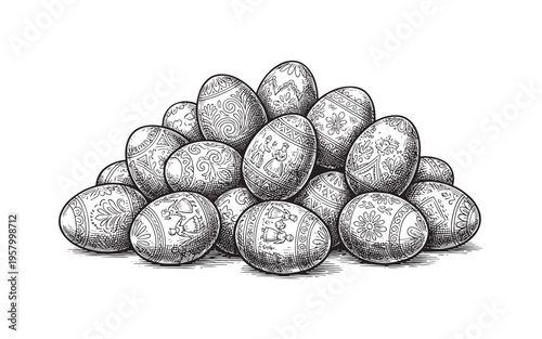 pile of decorated Easter eggs engraving vector illustration