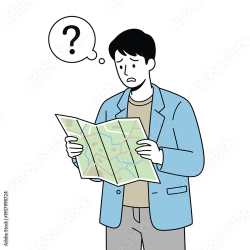 Flat vector illustration of a man confused while reading map, representing navigation issues, travel problems, and direction finding concept.
