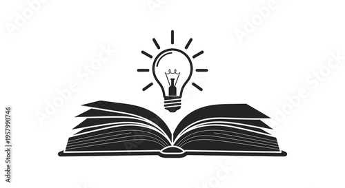 Open book with a glowing lightbulb above a striking silhouette