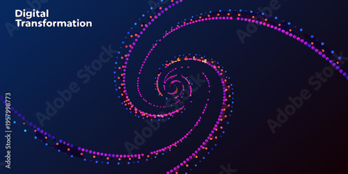 Abstract digital transformation spiral with vibrant colors and particle effects