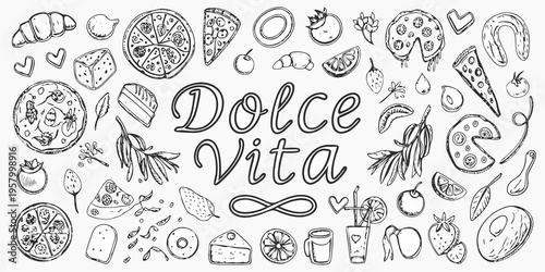 Hand drawn sketch of various desserts and sweet treats with lettering