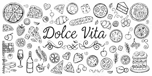 Hand drawn illustration of various foods and the phrase dolce vita