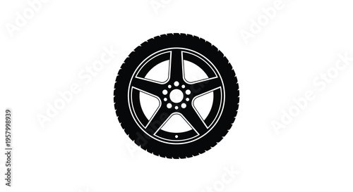 A black tire with a five spoke wheel presented as a silhouette