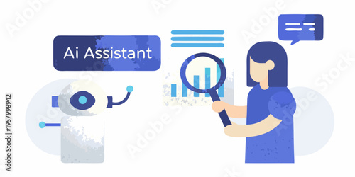 Ai assistant robot and woman examining data with a magnifying glass