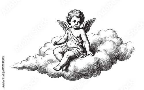 Foto baby angel or cherub sitting on a fluffy cloud
