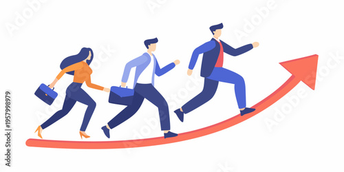 Business professionals running up a red arrow symbolizing growth and success