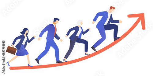 Business professionals progressing upwards on a red arrow symbolizing growth