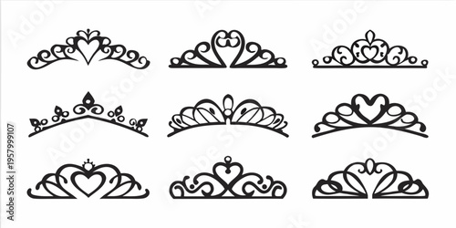 Collection of ornate black tiaras and crown designs on white background