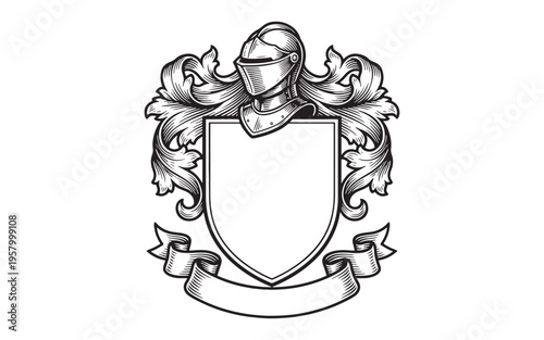 Medieval heraldic coat of arms with knight helmet and blank shield