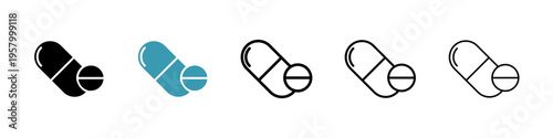 Medicine pills icons collection in black and blue colors