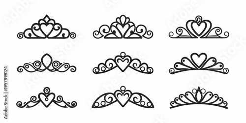Elegant crown and heart shaped flourishes in a black and white design