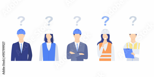 Diverse construction workers with question marks above their heads