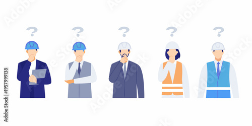 Diverse construction workers contemplating questions above their heads