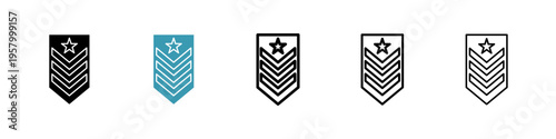Military rank badge icons collection in black and blue colors