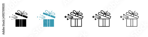 Open gift box icons collection in black and blue colors