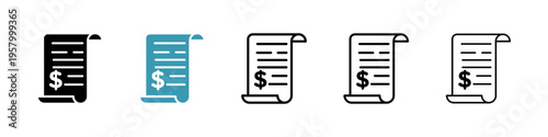Paper check receipt icons collection in black and blue colors