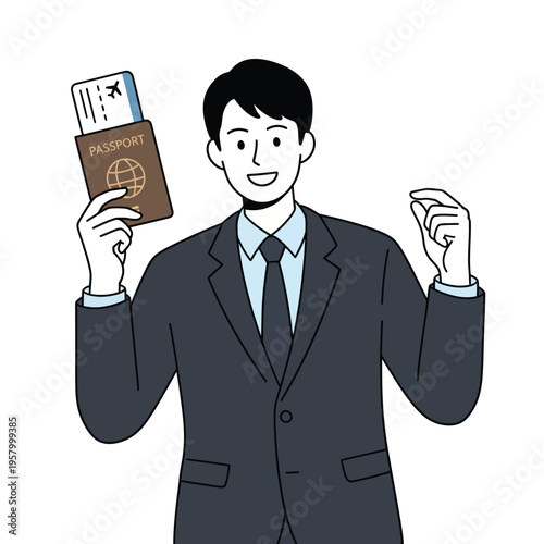 Flat vector illustration of a traveler holding passport and boarding pass, representing travel preparation, vacation, and global mobility.