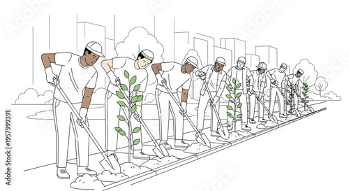 Group of people planting trees in urban environment.