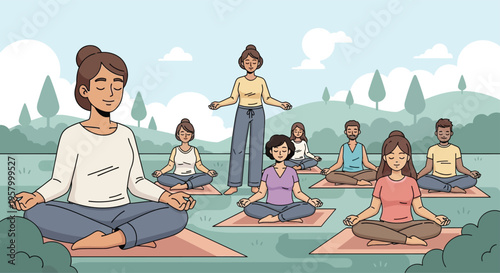 Group of people practicing yoga outdoors with instructor leading.