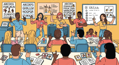 Diverse students learning sign language in a classroom setting.