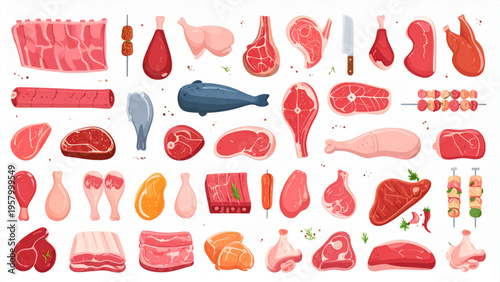 Flat Meat Cuts Collection Vector – Steak Chicken Sausage Butcher Icons Set