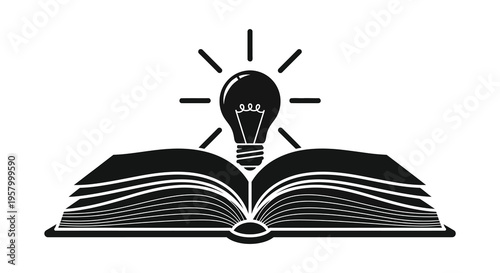 An open book with a glowing lightbulb above stark silhouette