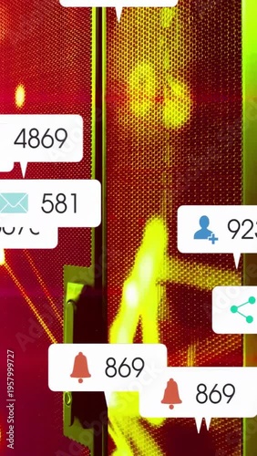 Vertical video: Handle holding mid as neon nodes pulsing, sending bubbles grouping showing activity