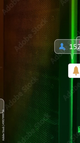 Vertical video: Alert bubbles flowing from right clustering over glowing nodes showing activity