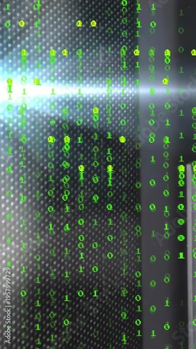 Vertical video: Binary overlay expanding from bright flare forming rain over tech panel for data