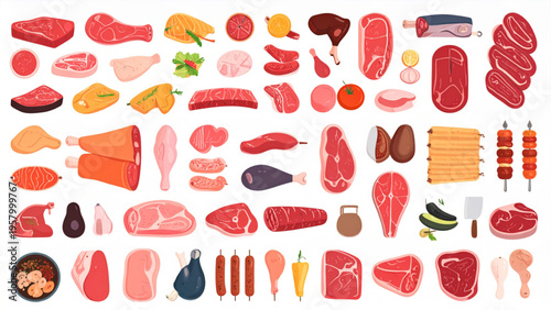 Flat Meat Cuts Collection Vector – Steak Chicken Sausage Butcher Icons Set