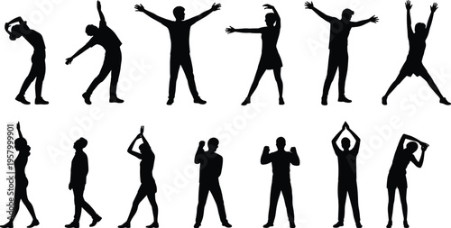 Human silhouettes in dynamic expressive poses with arms and legs movement, vector illustration for dance, exercise, gesture, and design projects